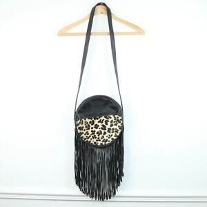 Black Leather Fringe Shoulder Bag Calf Hair Animal Print Boho Western Cowgirl
